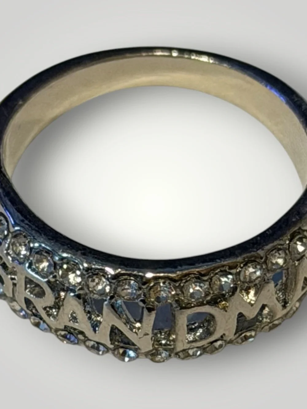 Grandma Rhinestone Statement Ring Silver Tone Cutout Size 8 Gift